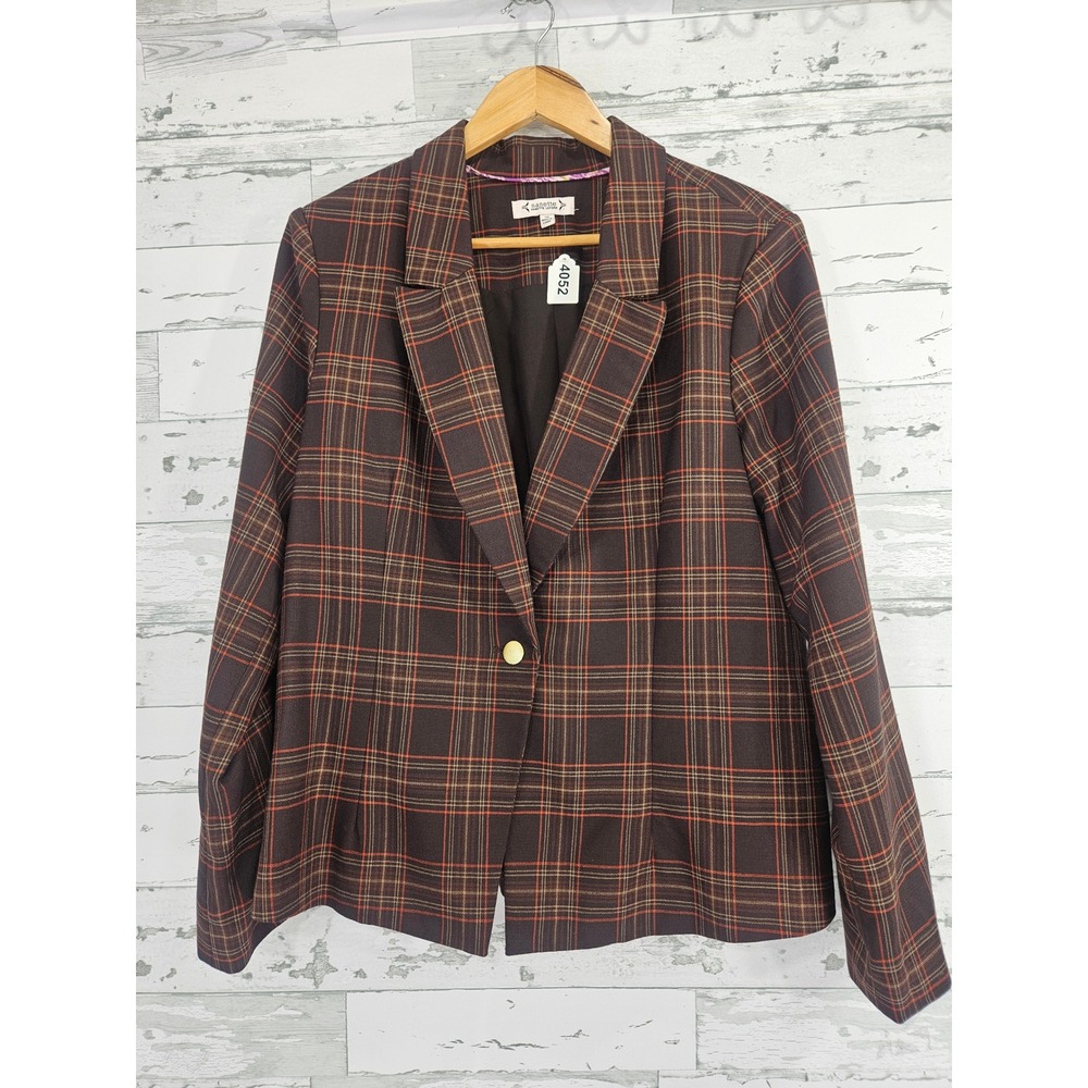 Nanette Lepore Womens Brown Plaid Blazer Gold Horsebit Belted Jacket Size 16